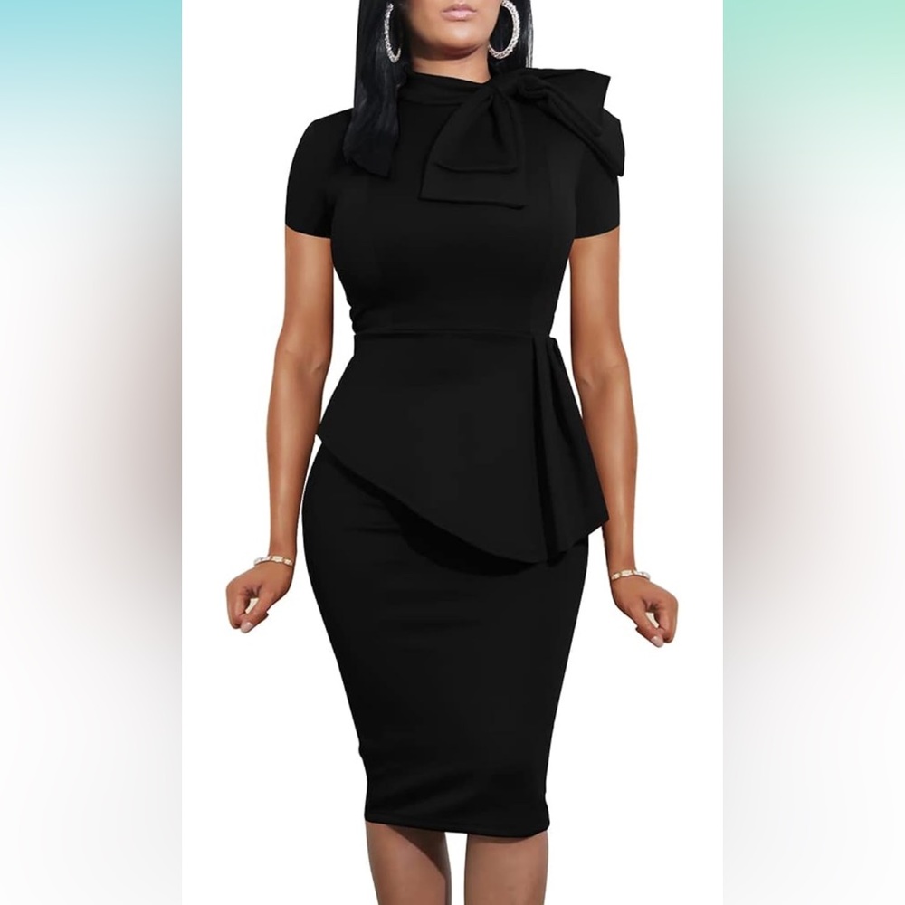 Peplum Body con short sleeve dress- Black
